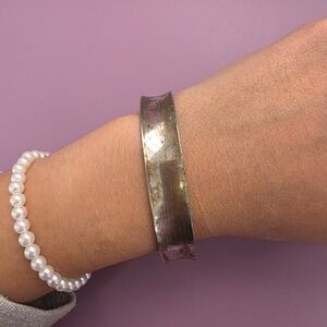 Vintage Distressed Silver Tone Wide Concave Cuff Bracelet Brushed Patina Minimal